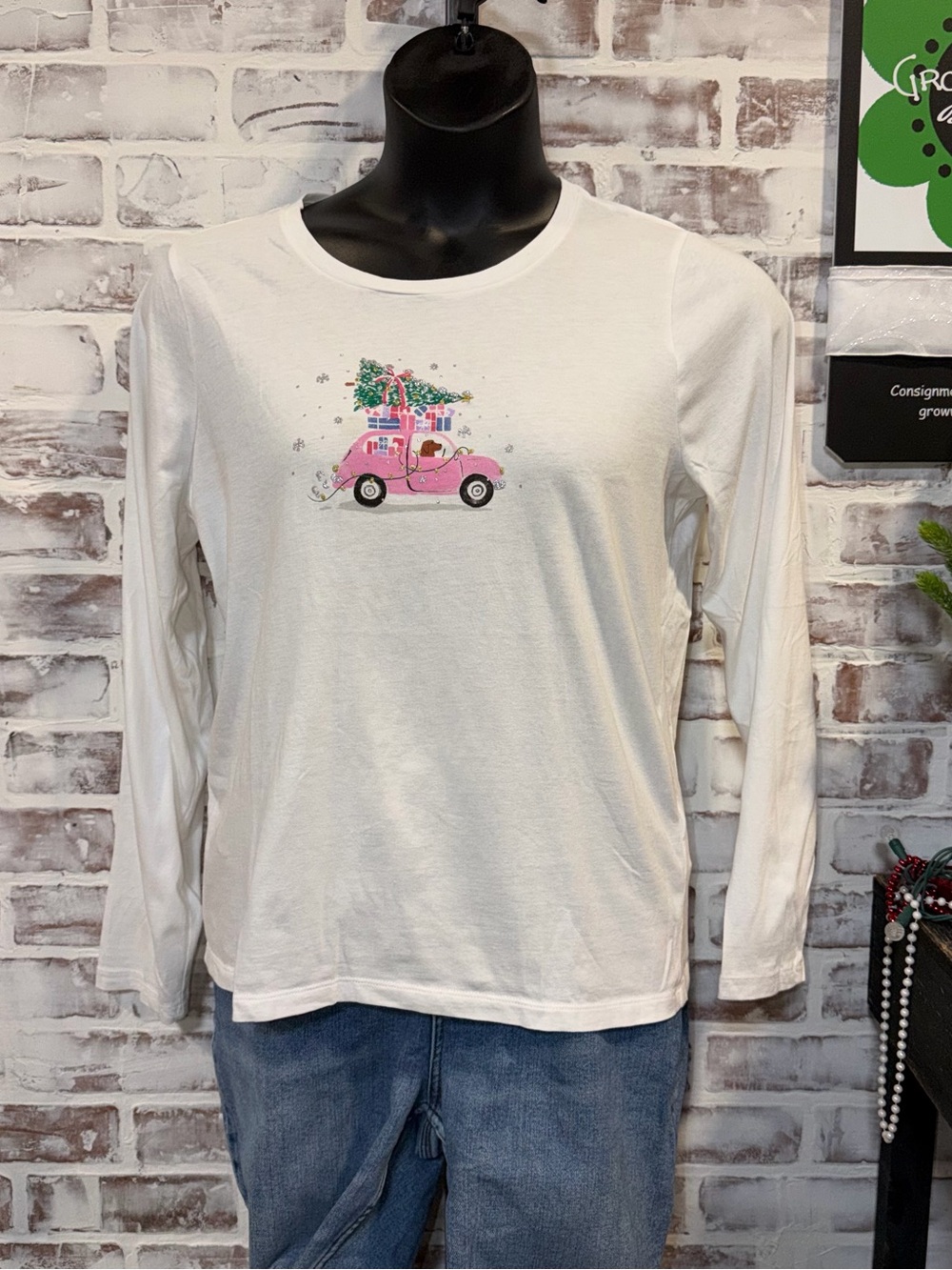 J. Crew White Long-Sleeve Tee with Pink Car Holiday Graphic